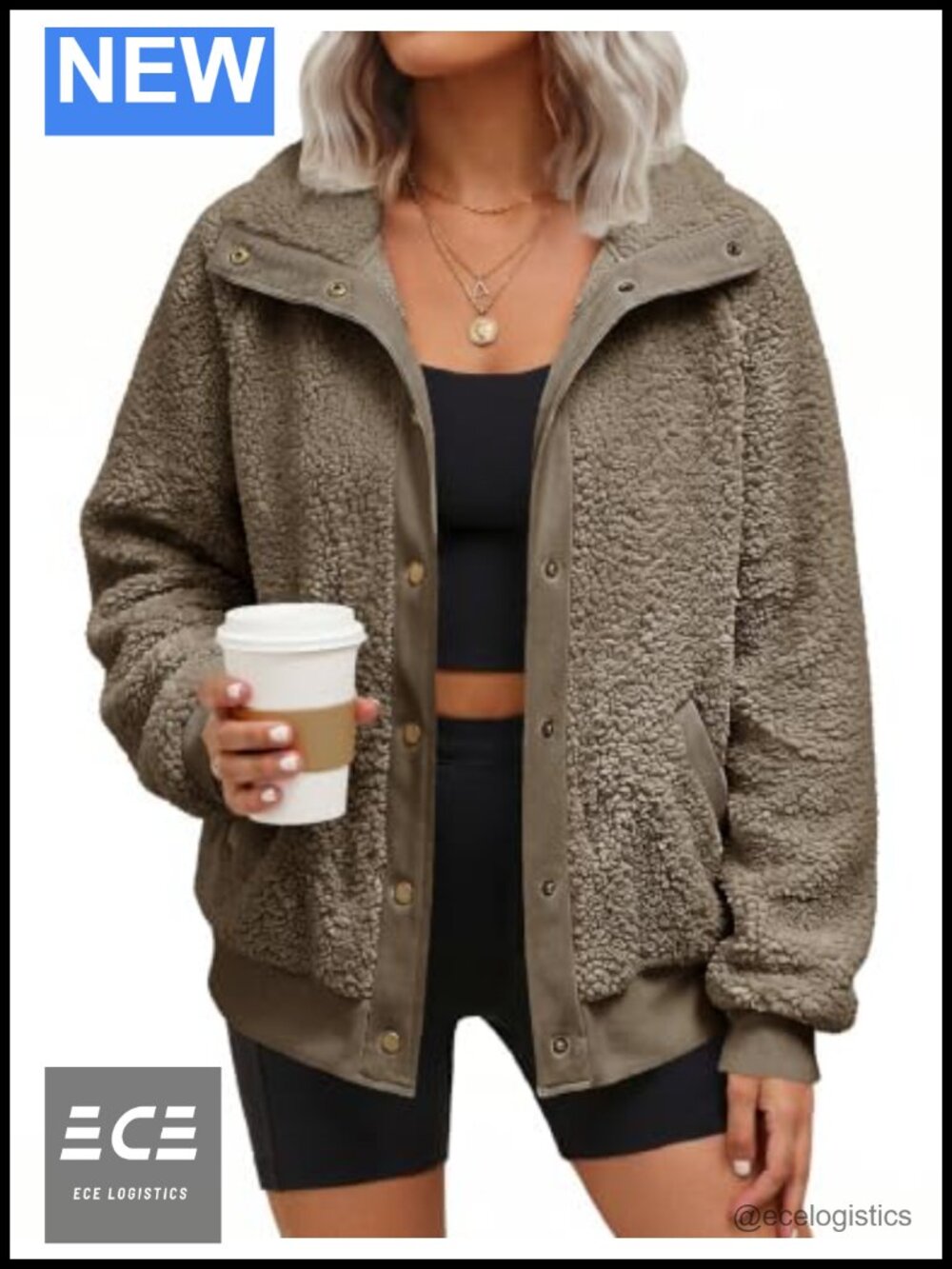 Sherpa Fleece Snap Button Jacket Casual Fuzzy Winter Coat